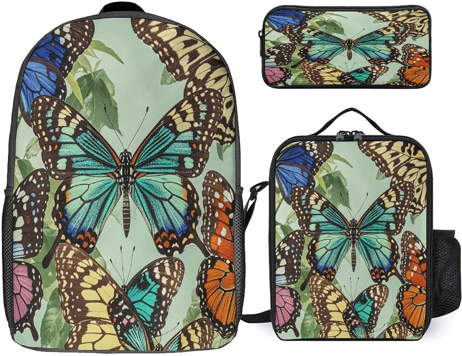 Portable Backpack Set with Lunch Bag & Pencil Case, Butterfly Print Print 3-in-1 Durable Work Bag,Adjustable Straps,Lightweight & Spacious