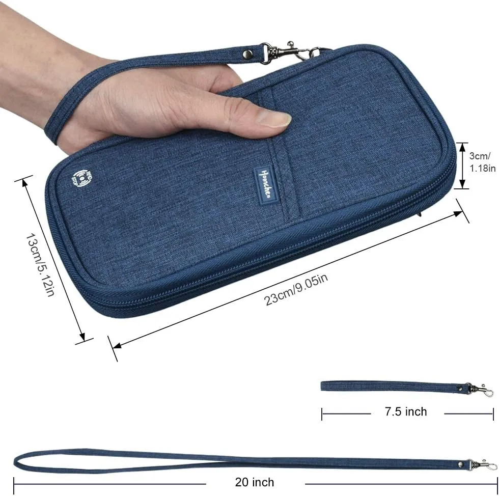 RFID Passport Wallet with Vaccine Card Slot, Family Travel Passport Holder Document Organizer Bag with Wrist & Neck Double Strap