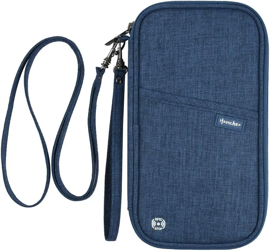 RFID Passport Wallet with Vaccine Card Slot, Family Travel Passport Holder Document Organizer Bag with Wrist & Neck Double Strap
