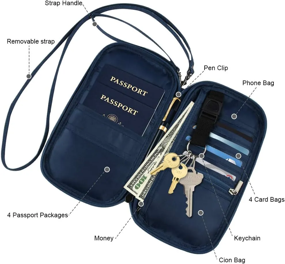 RFID Passport Wallet with Vaccine Card Slot, Family Travel Passport Holder Document Organizer Bag with Wrist & Neck Double Strap