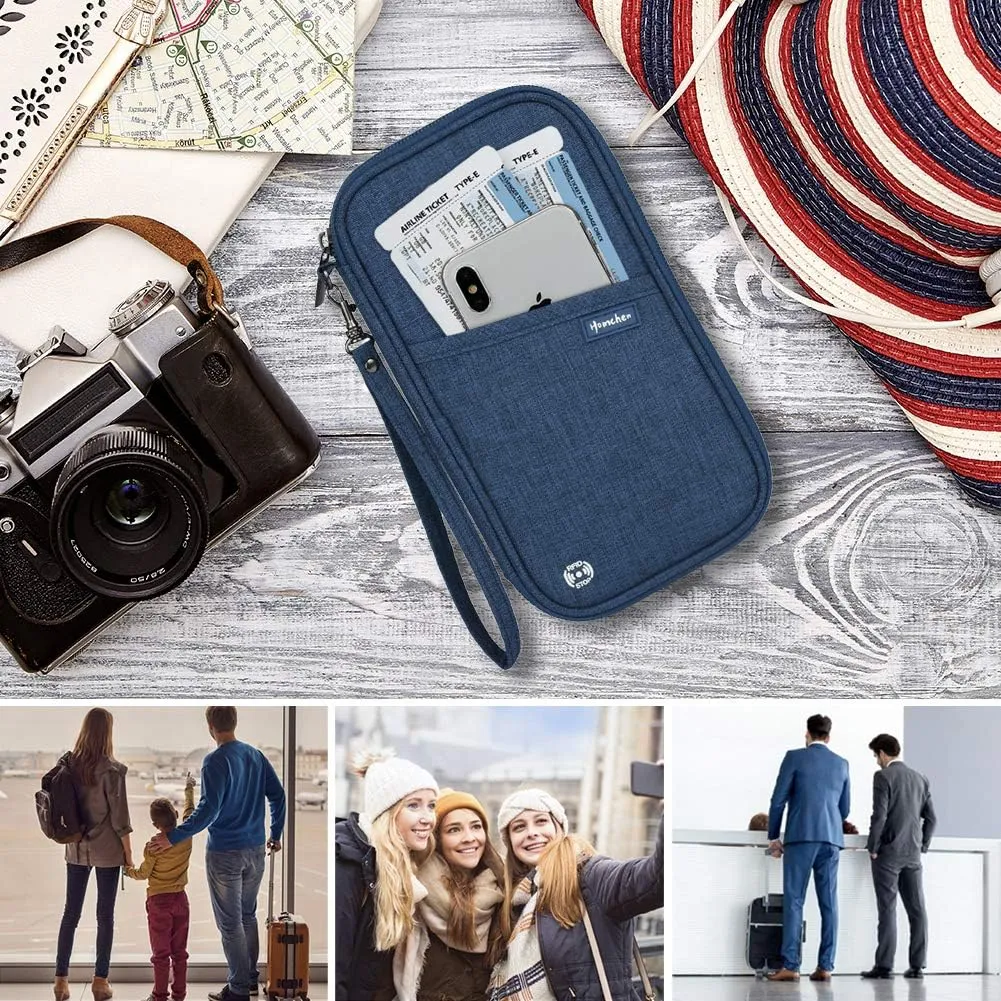 RFID Passport Wallet with Vaccine Card Slot, Family Travel Passport Holder Document Organizer Bag with Wrist & Neck Double Strap