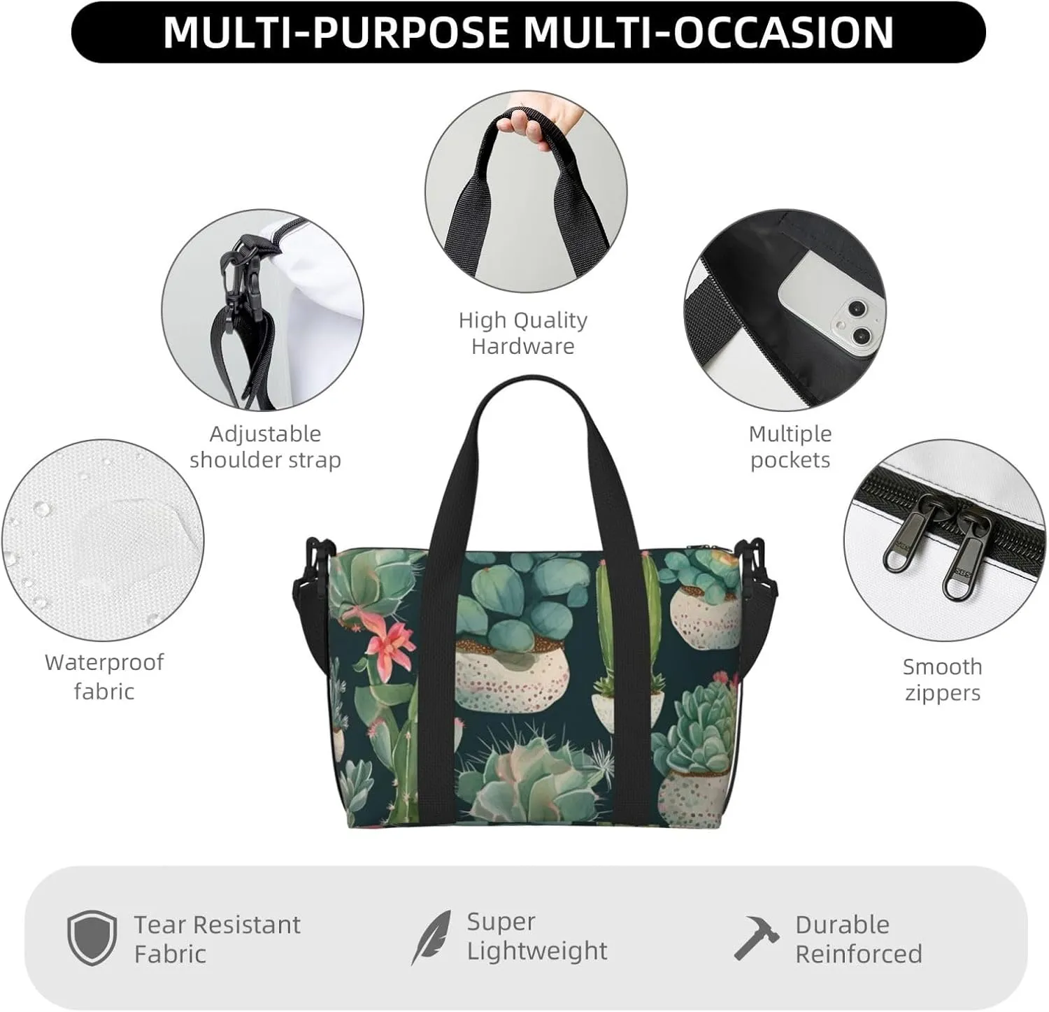 Sports Gym Bag for Women Men Travel Duffel Bag Tote Weekender Bag Carry on Overnight Bag for Travel Swimming Fitness Workout Sports Succulent Plants and Cactus Duffle Bag