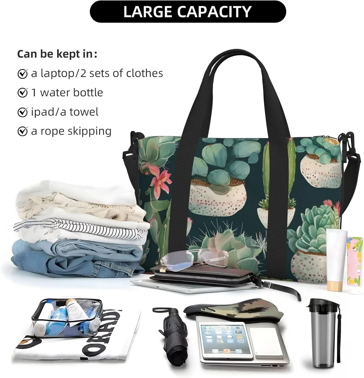 Sports Gym Bag for Women Men Travel Duffel Bag Tote Weekender Bag Carry on Overnight Bag for Travel Swimming Fitness Workout Sports Succulent Plants and Cactus Duffle Bag