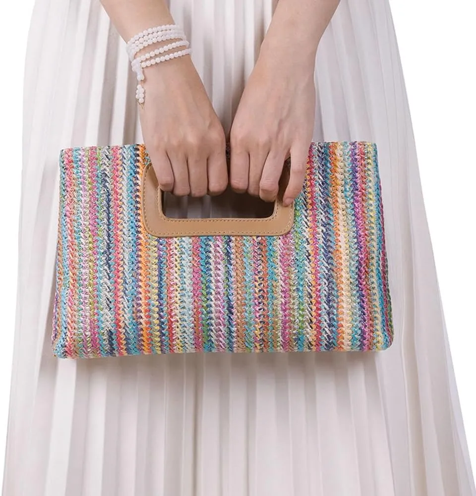 Straw Clutch Purse for Women Travel Straw Beach Tote Bag Woven Rattan Envelope Bag Top Handle Crossbody Handbag for Summer