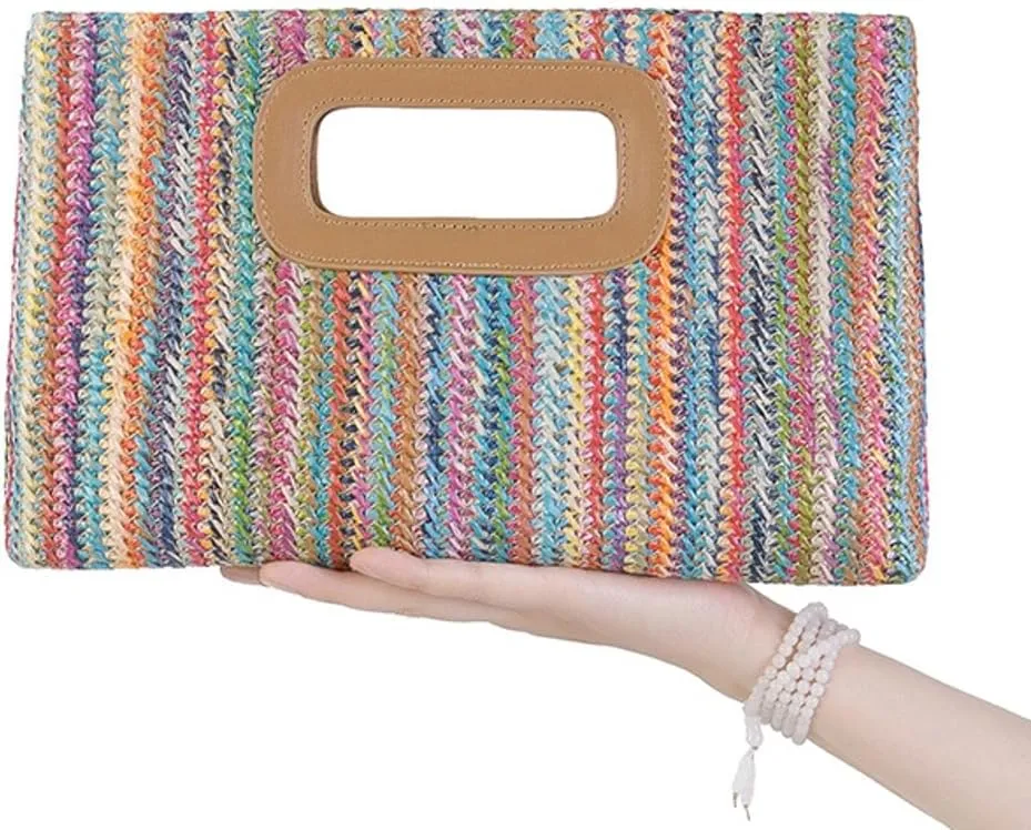 Straw Clutch Purse for Women Travel Straw Beach Tote Bag Woven Rattan Envelope Bag Top Handle Crossbody Handbag for Summer