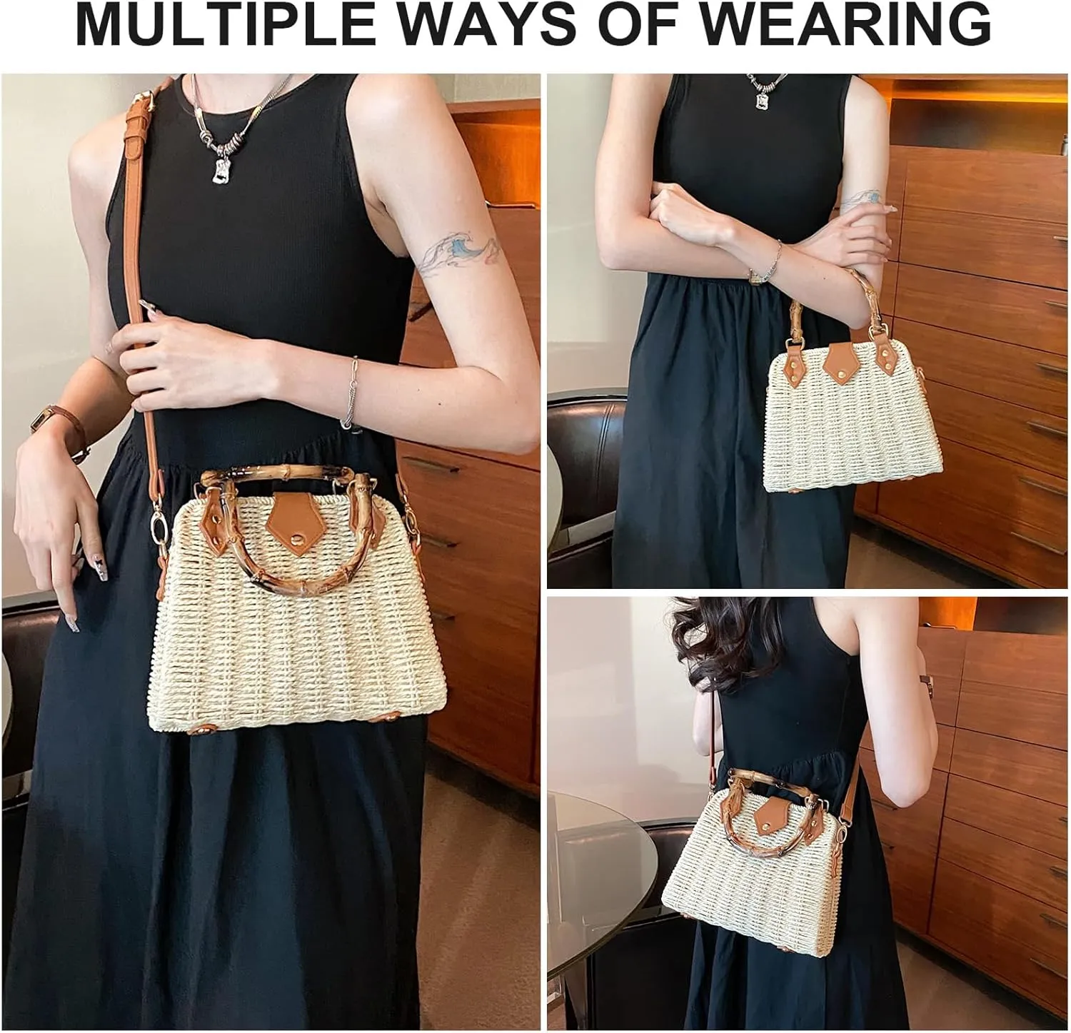 Straw Purses for Women Trendy Summer Woven Tote Bag Straw Basket Crossbody Wicker Purses and Handbags with Bamboo Handle