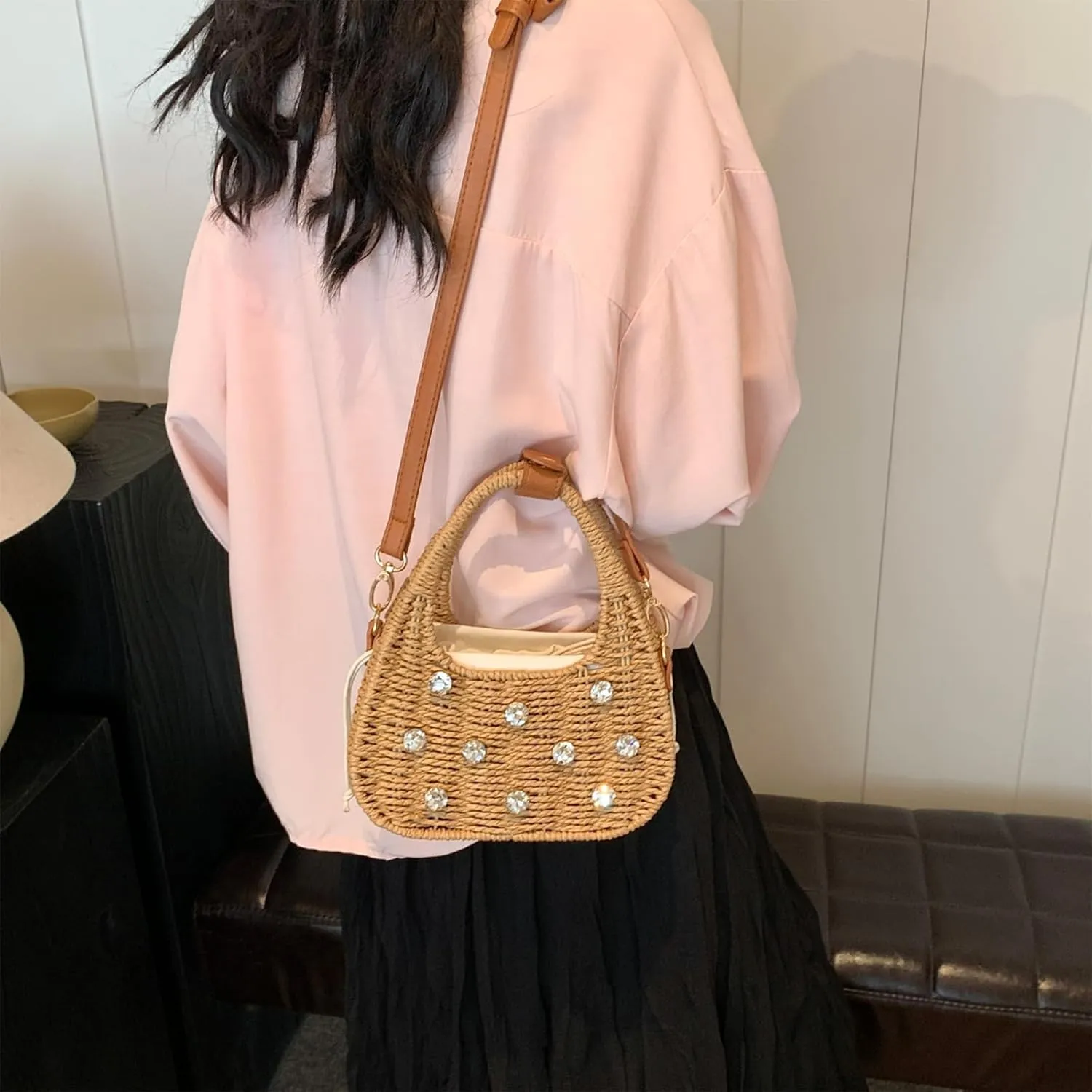 Straw Purses for Women Trendy Summer Woven Tote Bag Straw Basket Crossbody Wicker Purses and Handbags with Bamboo Handle