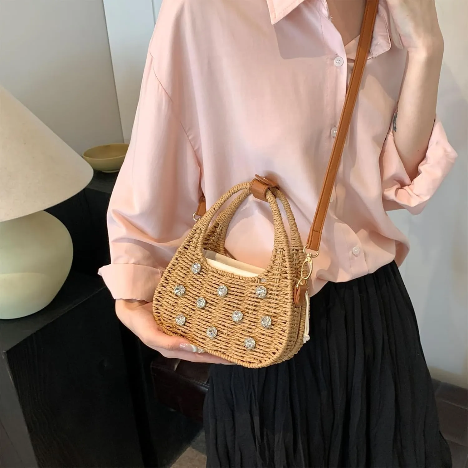 Straw Purses for Women Trendy Summer Woven Tote Bag Straw Basket Crossbody Wicker Purses and Handbags with Bamboo Handle