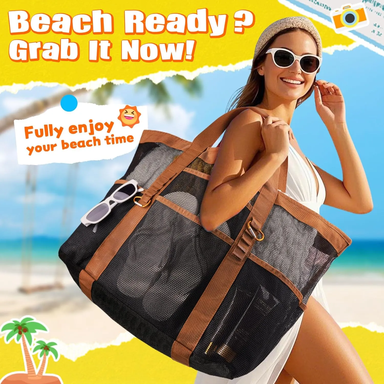 Stylish & Spacious XX-Large Beach Bag for Women  12 Pockets, Foldable & Lightweight Mesh Tote, Includes 2 Carabiners
