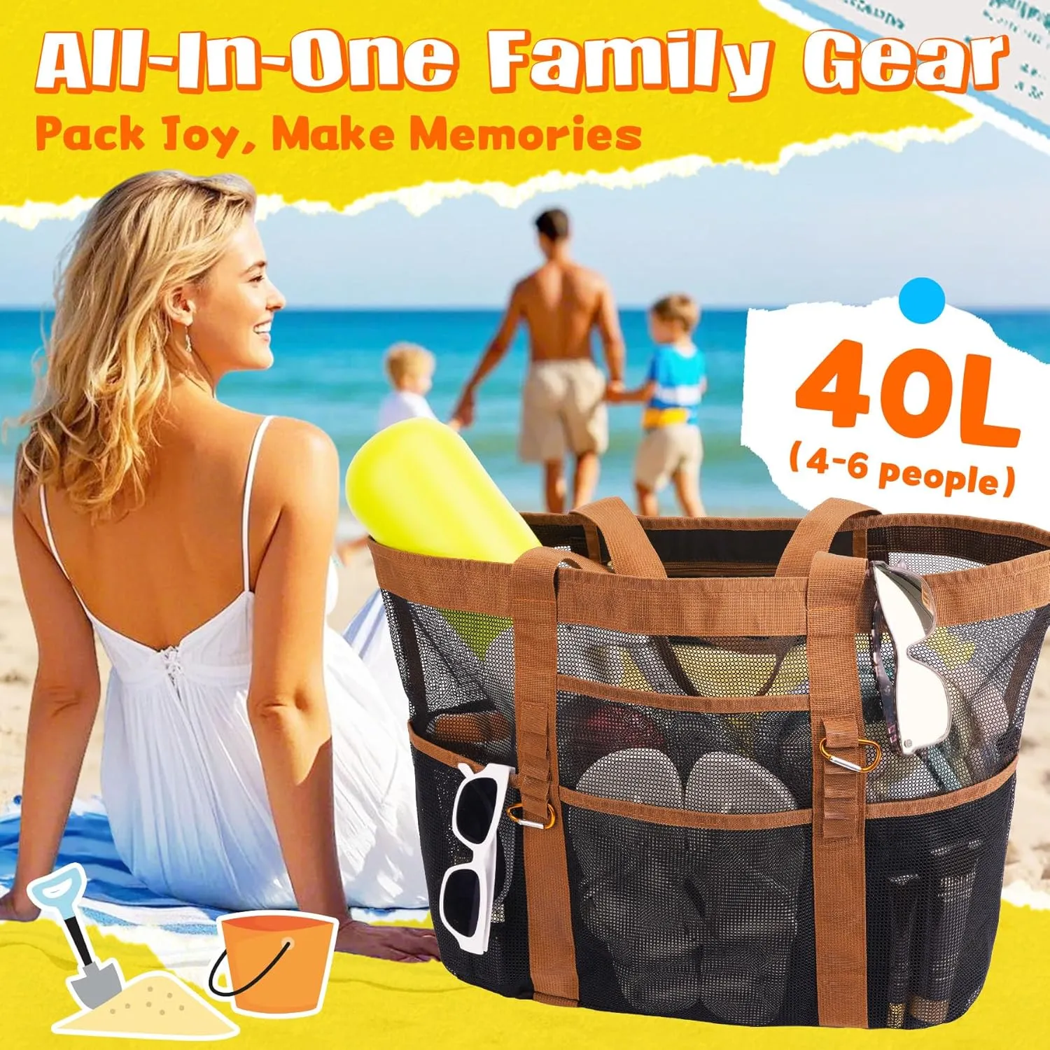 Stylish & Spacious XX-Large Beach Bag for Women  12 Pockets, Foldable & Lightweight Mesh Tote, Includes 2 Carabiners