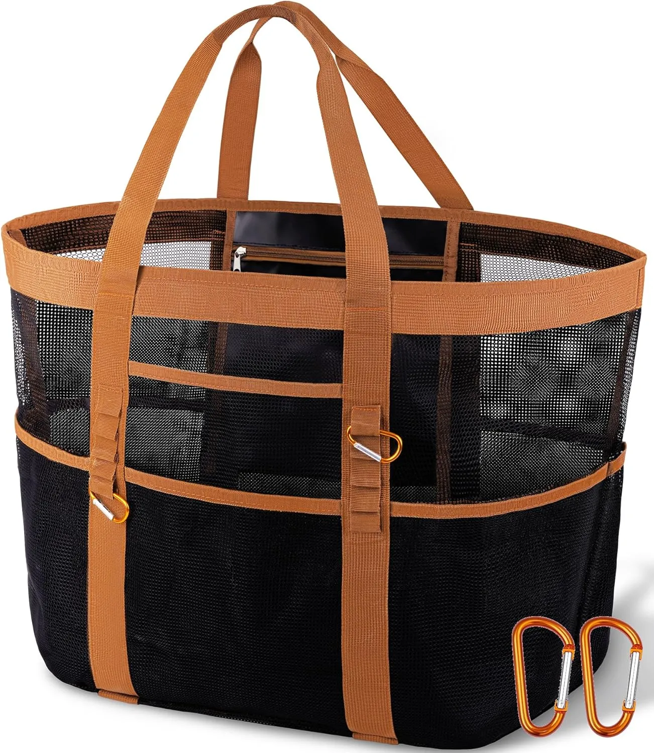 Stylish & Spacious XX-Large Beach Bag for Women  12 Pockets, Foldable & Lightweight Mesh Tote, Includes 2 Carabiners