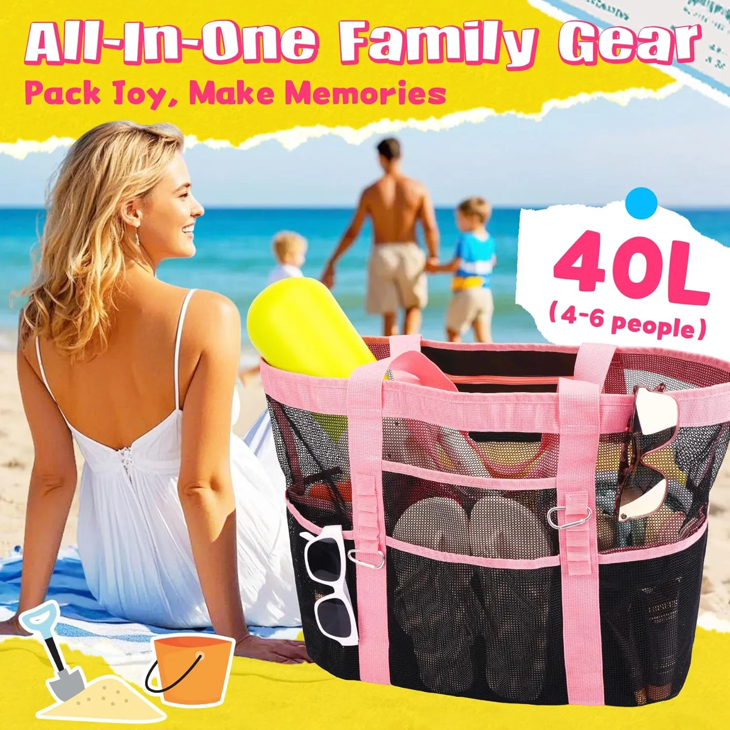 Stylish & Spacious XX-Large Beach Bag for Women  12 Pockets, Foldable & Lightweight Mesh Tote, Includes 2 Carabiners