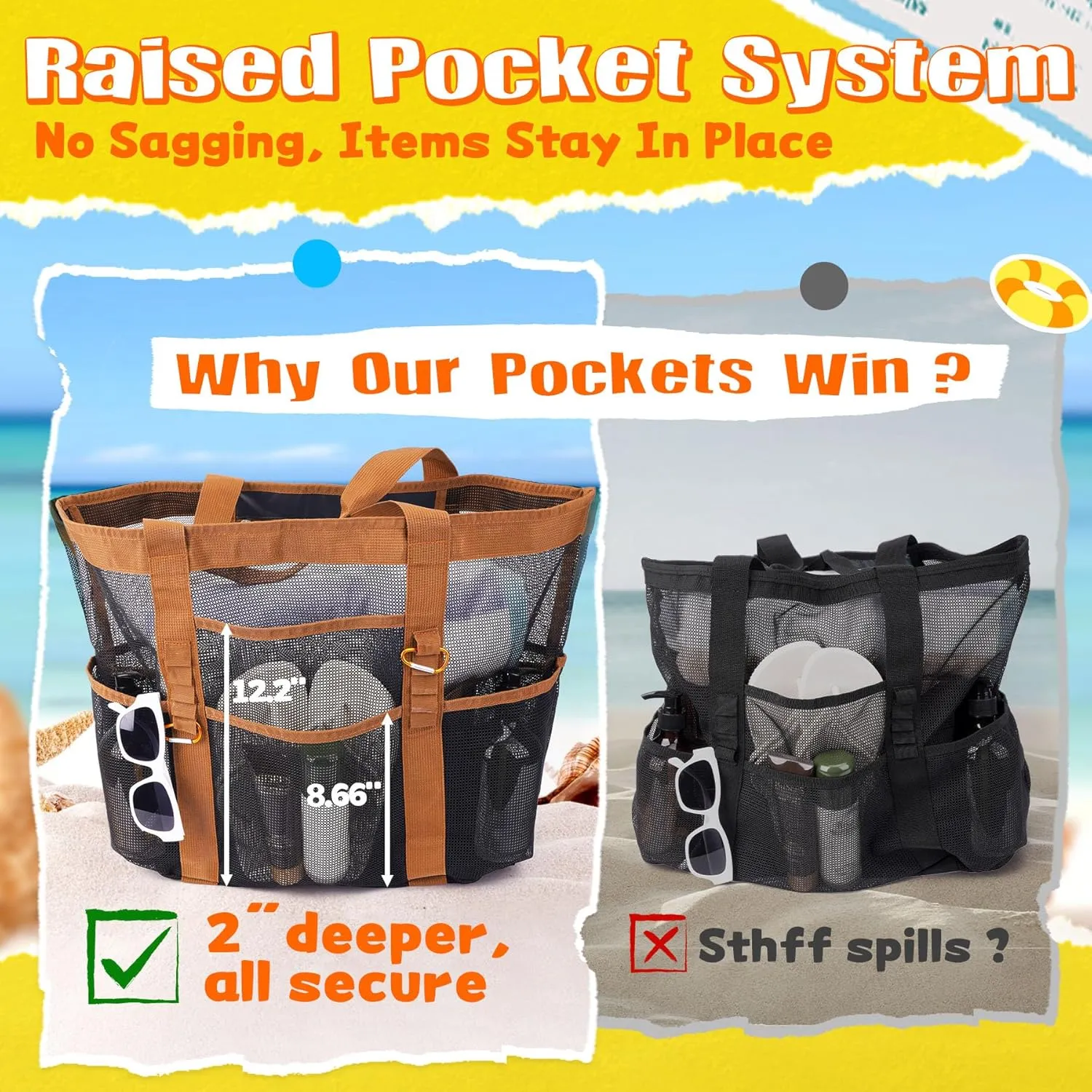Stylish & Spacious XX-Large Beach Bag for Women  12 Pockets, Foldable & Lightweight Mesh Tote, Includes 2 Carabiners