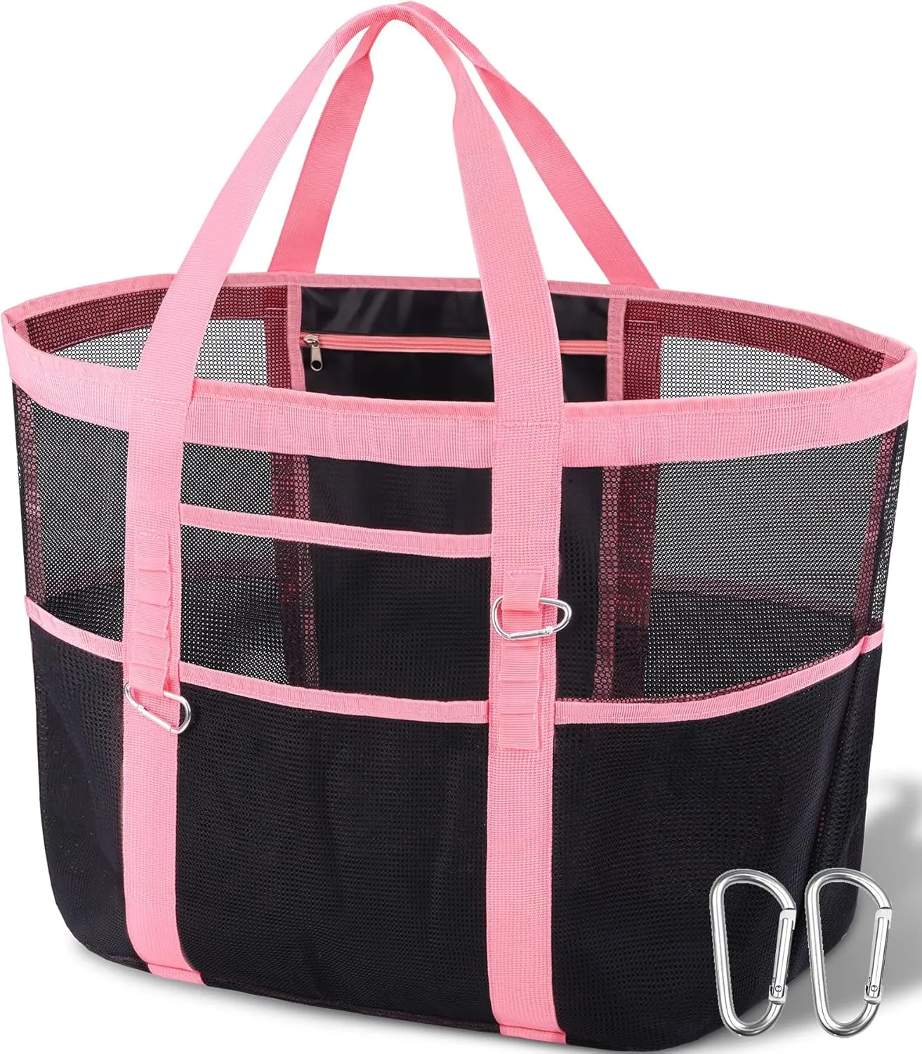 Stylish & Spacious XX-Large Beach Bag for Women  12 Pockets, Foldable & Lightweight Mesh Tote, Includes 2 Carabiners