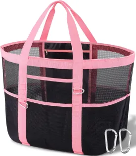 Stylish & Spacious XX-Large Beach Bag for Women  12 Pockets, Foldable & Lightweight Mesh Tote, Includes 2 Carabiners