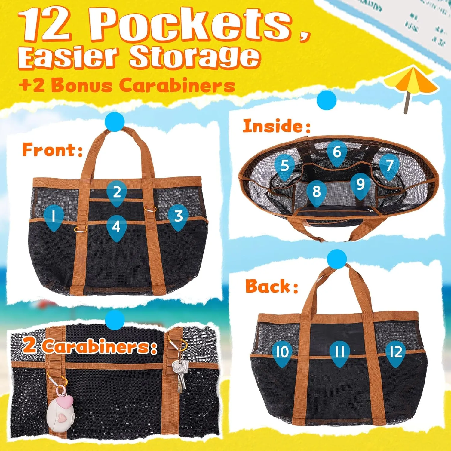 Stylish & Spacious XX-Large Beach Bag for Women  12 Pockets, Foldable & Lightweight Mesh Tote, Includes 2 Carabiners