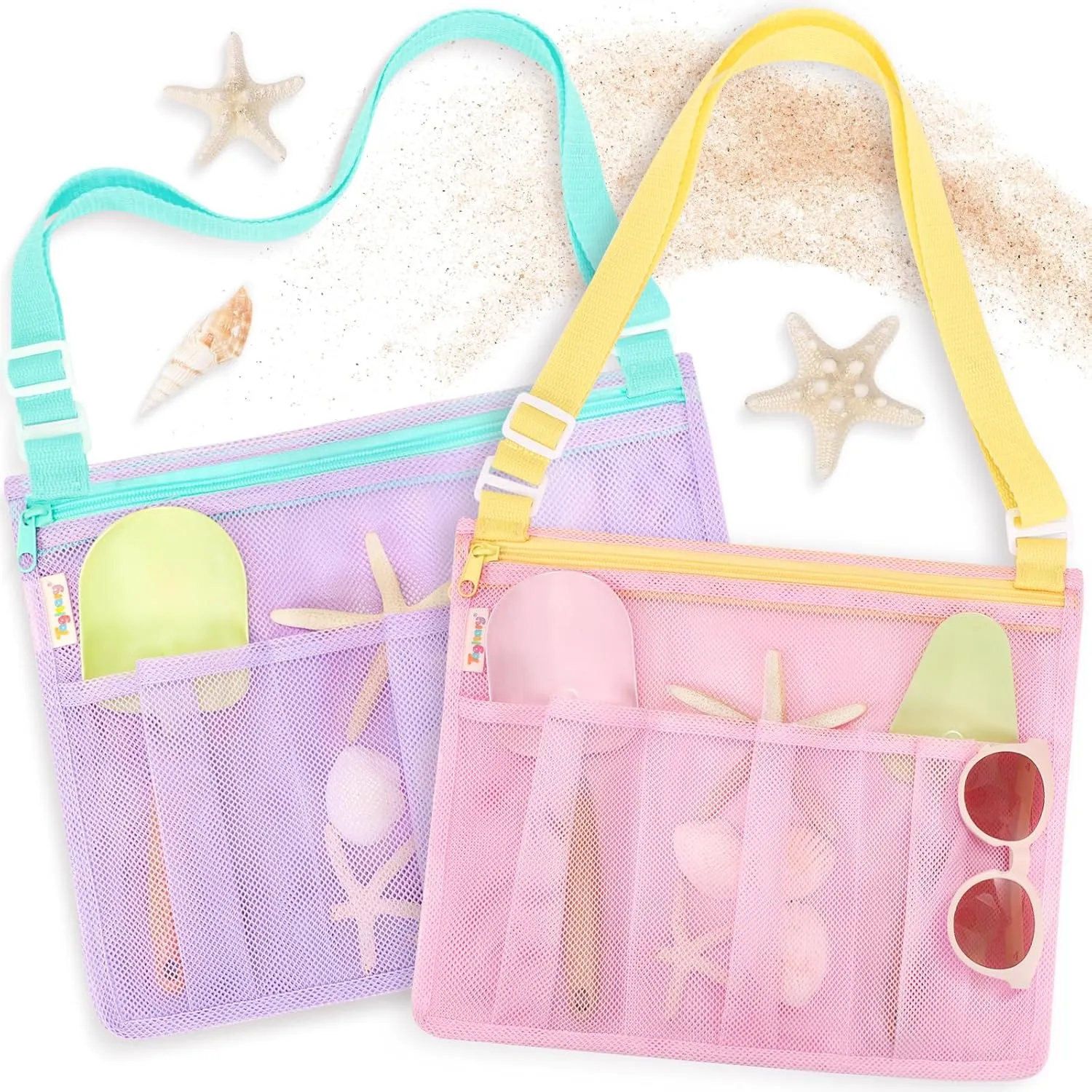 Tagitary Beach Toys Mesh Beach Bags with Zipper Sand Toys Kids Seashell Crossbody for Boys and Girls Summer Vacation Essentials