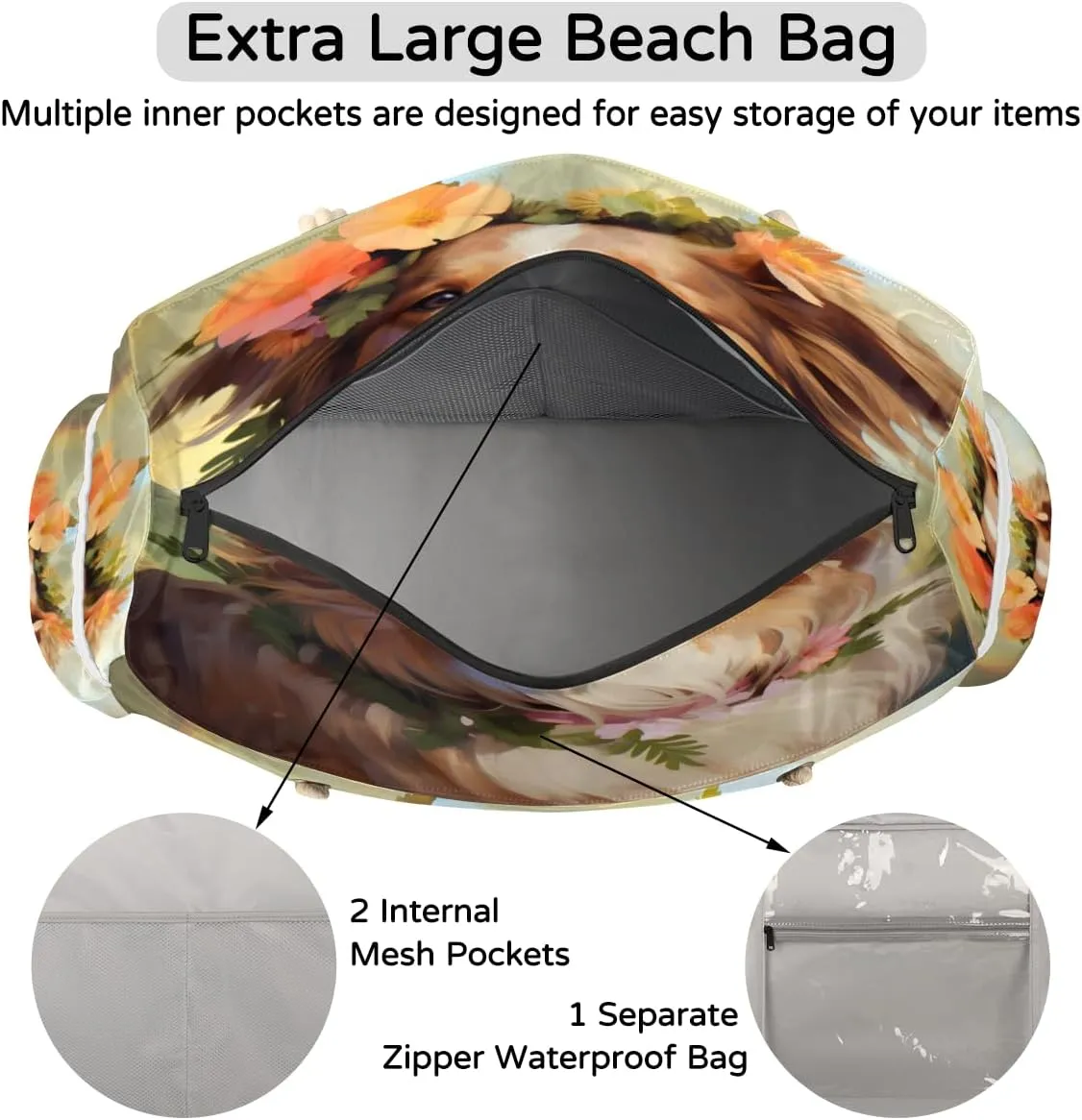 Tote Beach Bag for Women Large Zipper Beach Bags Waterproof Sandproof Cute Owls Gym Swim Pool Travel Bag