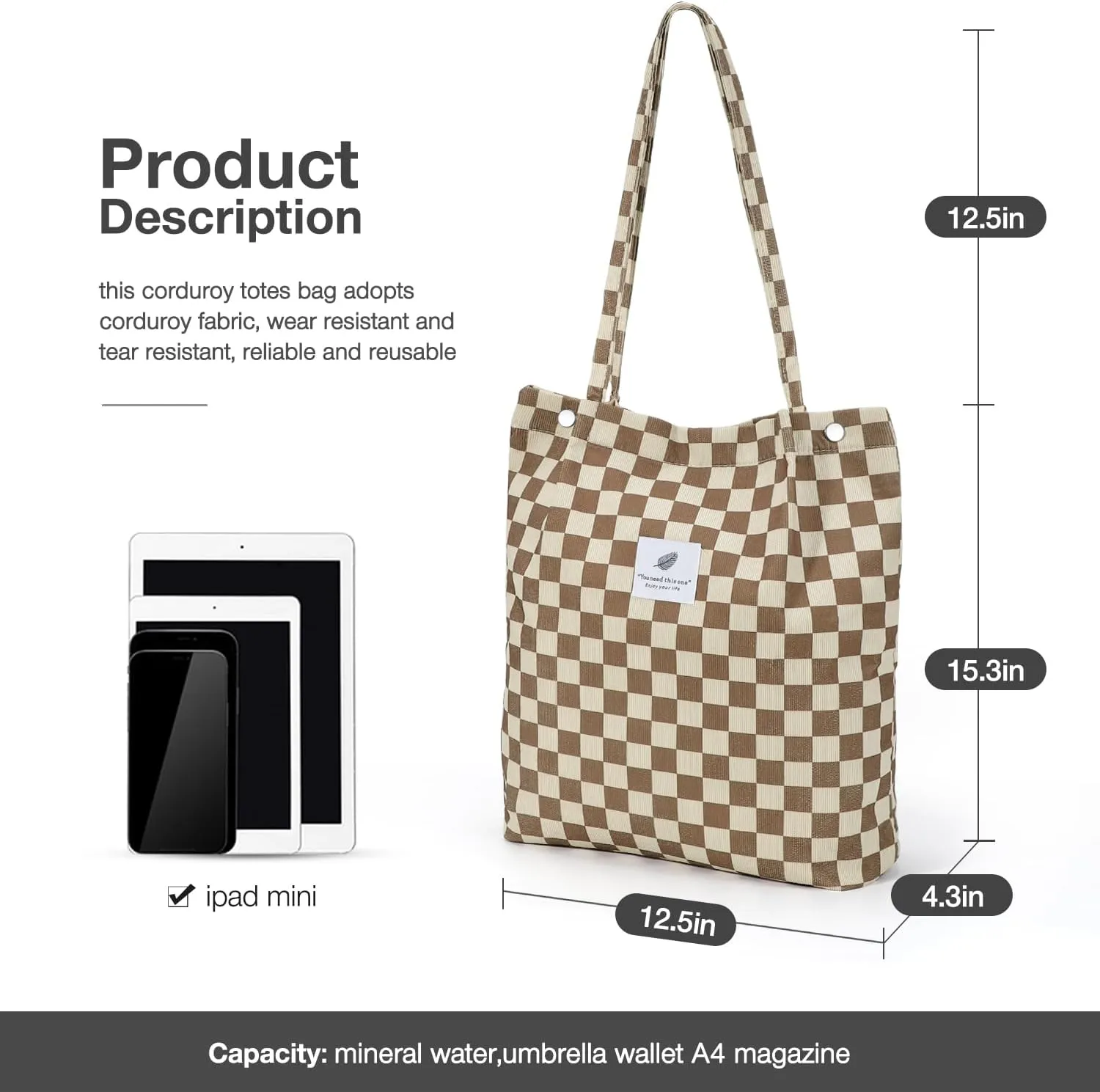 Tote Women Girls, Large Capacity Corduroy Reusable Grocery Shoulder Bag with Inner Pockets