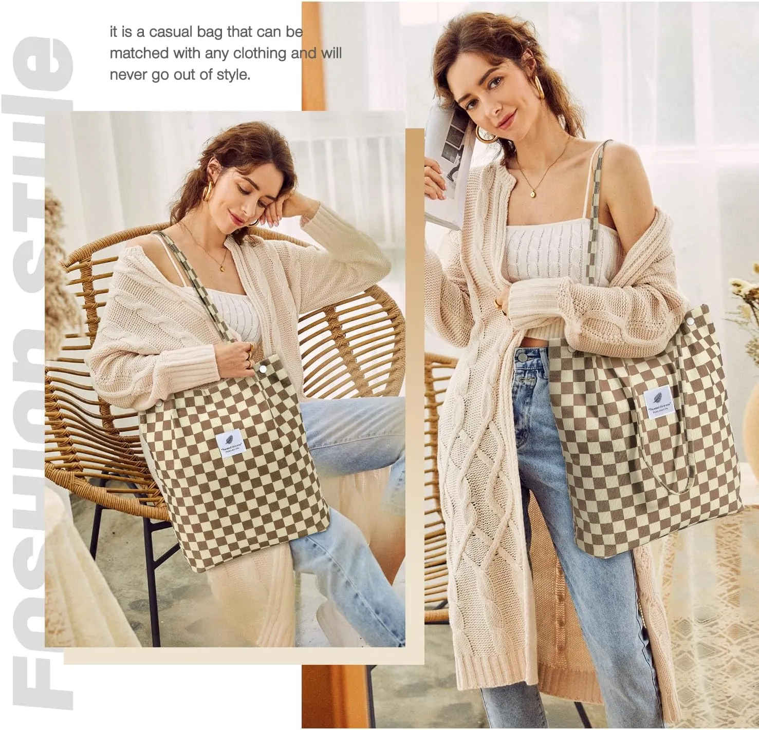 Tote Women Girls, Large Capacity Corduroy Reusable Grocery Shoulder Bag with Inner Pockets