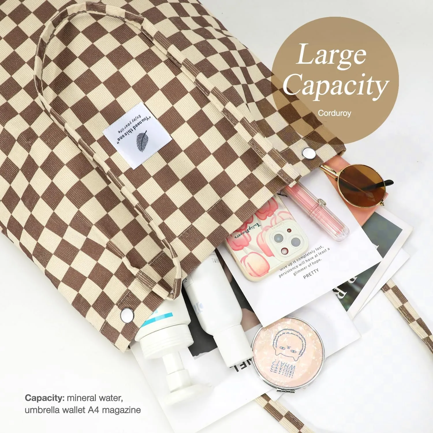 Tote Women Girls, Large Capacity Corduroy Reusable Grocery Shoulder Bag with Inner Pockets
