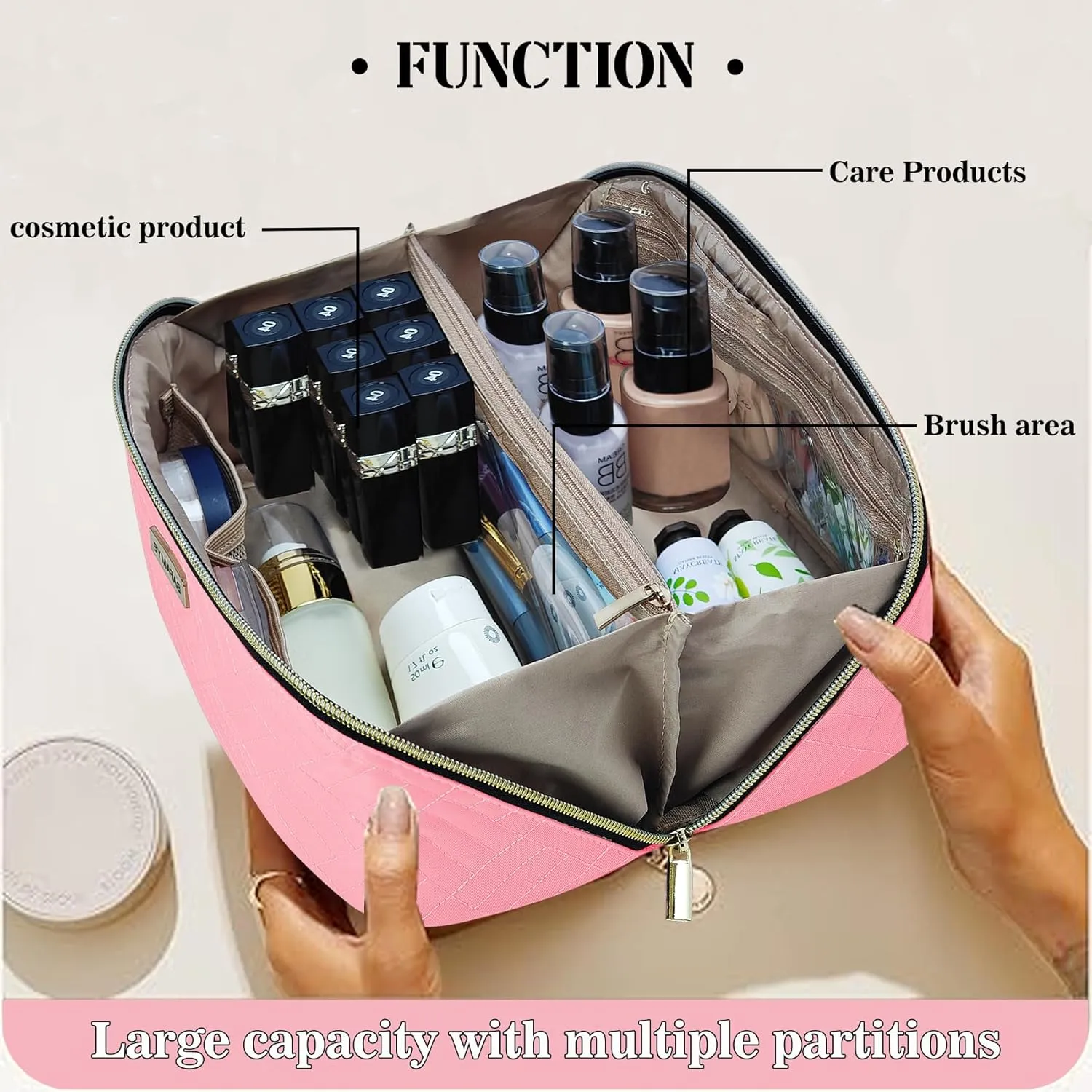 Travel Makeup Bag - 4L Compact Cosmetic Organizer Bag, Makeup Toiletry Travel Bag with Brush Holder & Multiple Compartments, Waterproof, Pink