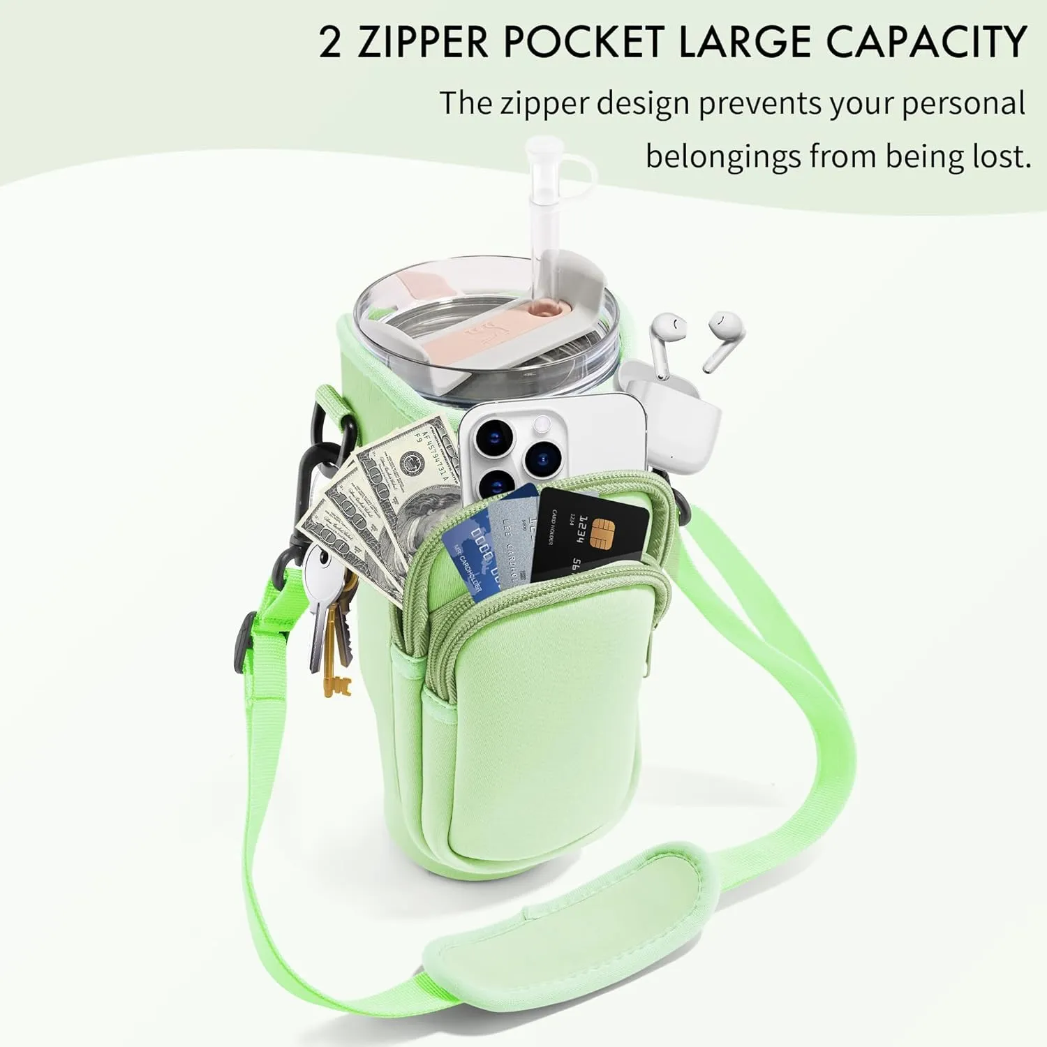 Water Bottle Carrier Bag with Phone Pocket for Stanley Cup 40/30 oz, Water Bottle Holder with Adjustable Strap& Straw Cover, Stanley Cup Accessories