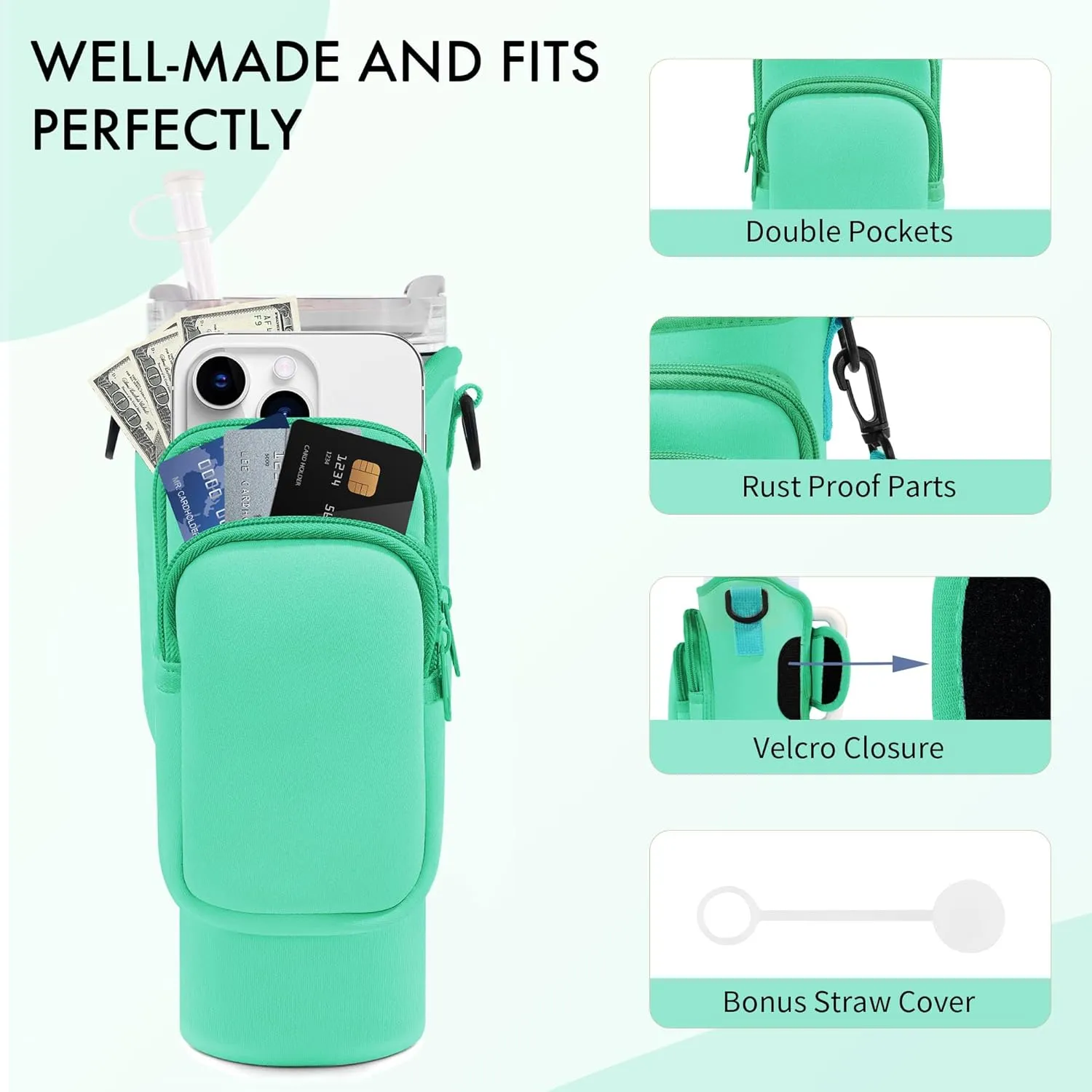 Water Bottle Carrier Bag with Phone Pocket for Stanley Cup 40/30 oz, Water Bottle Holder with Adjustable Strap& Straw Cover, Stanley Cup Accessories