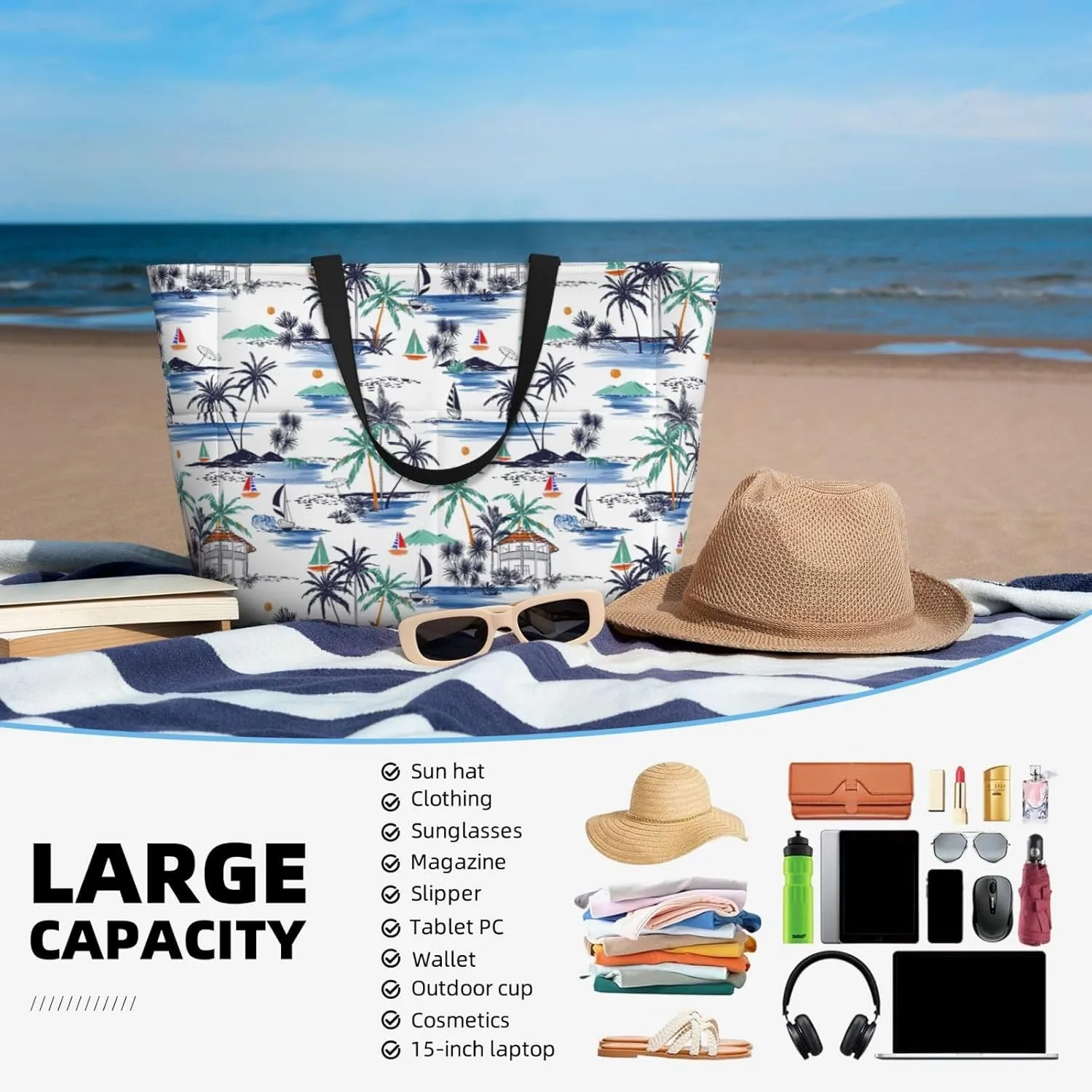 Women's Large Beach Bag Waterproof Travel Tote Bag with Pocket Sandproof Foldable Weekender Bags for Pool Vacation