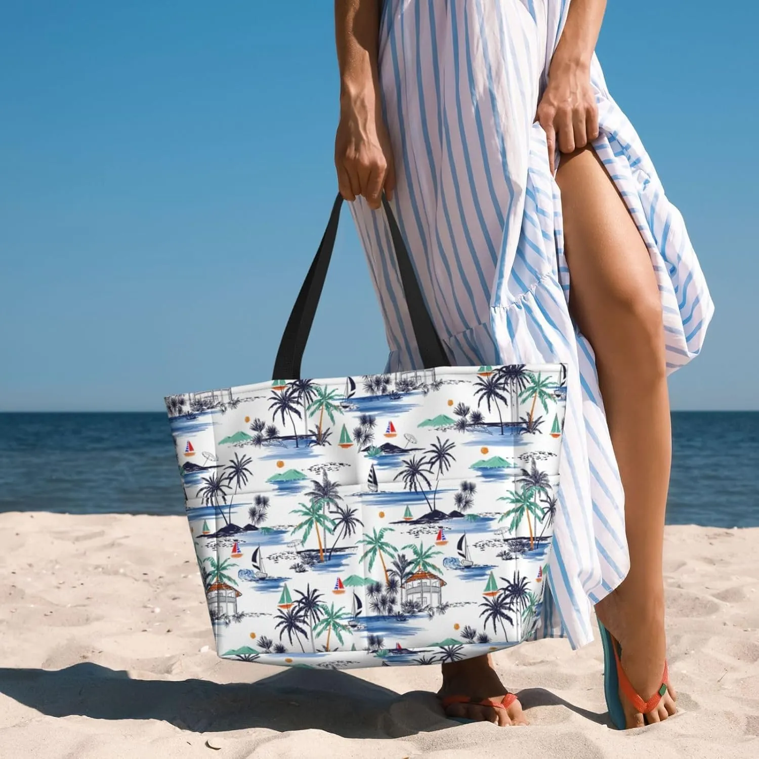 Women's Large Beach Bag Waterproof Travel Tote Bag with Pocket Sandproof Foldable Weekender Bags for Pool Vacation