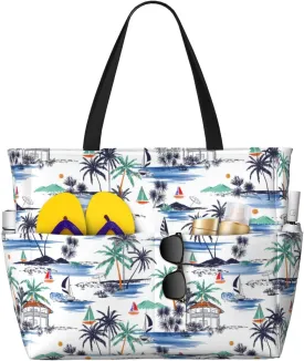 Women's Large Beach Bag Waterproof Travel Tote Bag with Pocket Sandproof Foldable Weekender Bags for Pool Vacation