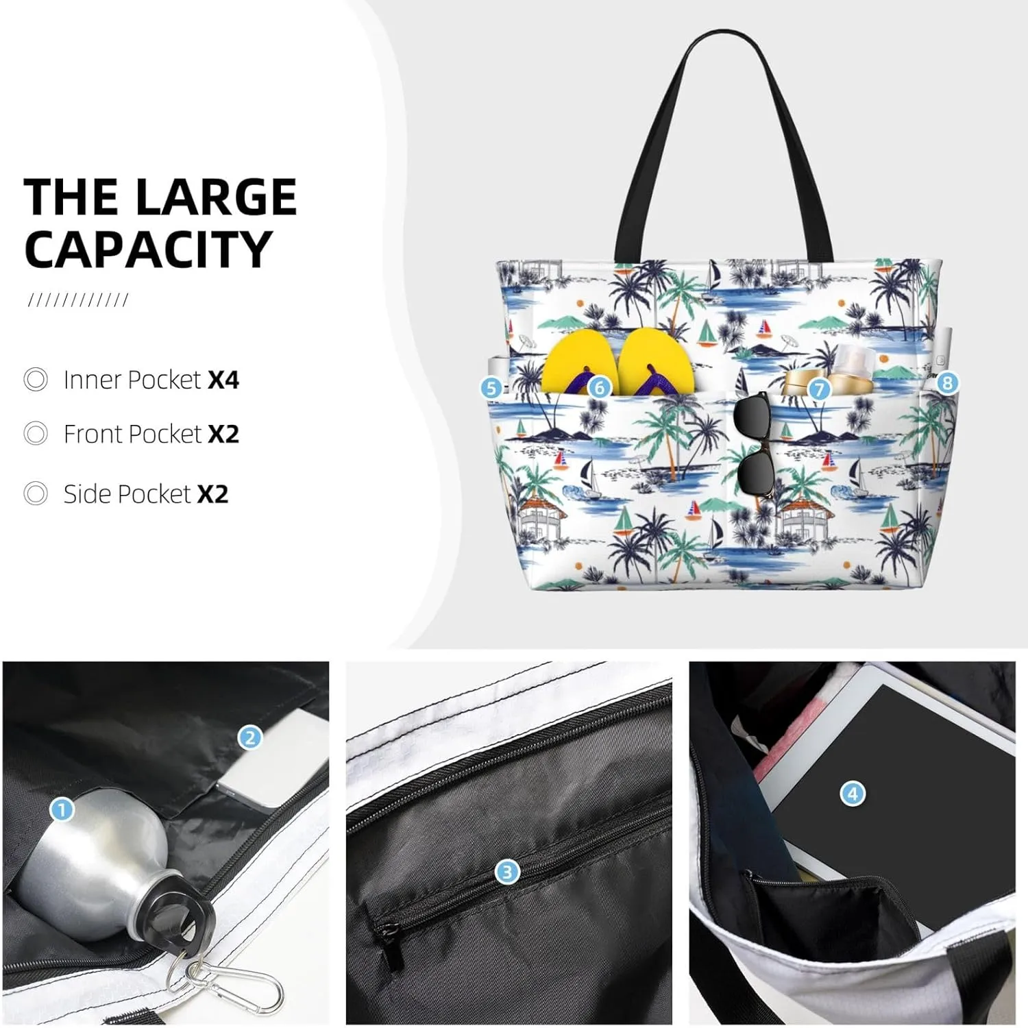 Women's Large Beach Bag Waterproof Travel Tote Bag with Pocket Sandproof Foldable Weekender Bags for Pool Vacation