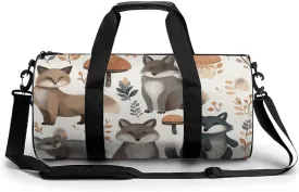 Woodland Raccoon Animals Cylindrical Gym Bag Travel Duffel Bag with Dry Wet Separated Pocket for Men And Women Overnight Bag Weekender Bag Training Handbag Yoga Bag