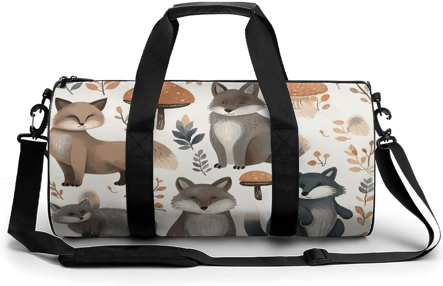 Woodland Raccoon Animals Cylindrical Gym Bag Travel Duffel Bag with Dry Wet Separated Pocket for Men And Women Overnight Bag Weekender Bag Training Handbag Yoga Bag